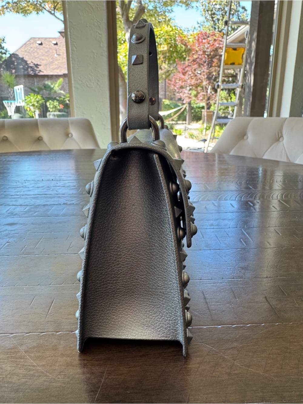 Gray/Silver Studded Handbag and Crossbody Bag with Gunmetal Hardware - Picture 6 of 9